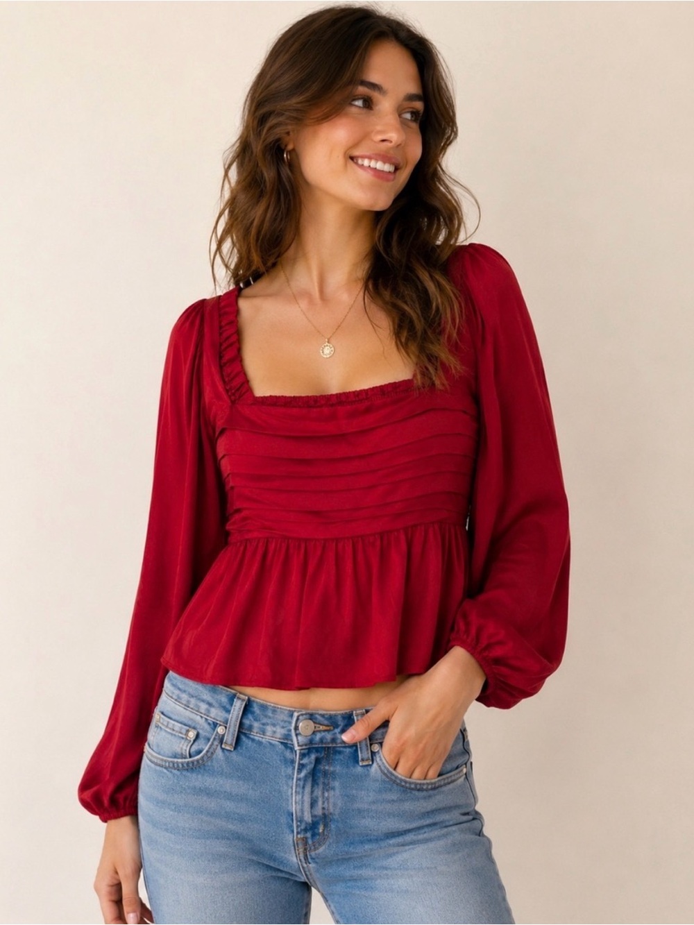 Abercrombie & Fitch Emerson Long-Sleeve Red Square-Neck Smocked Peplum Blouse